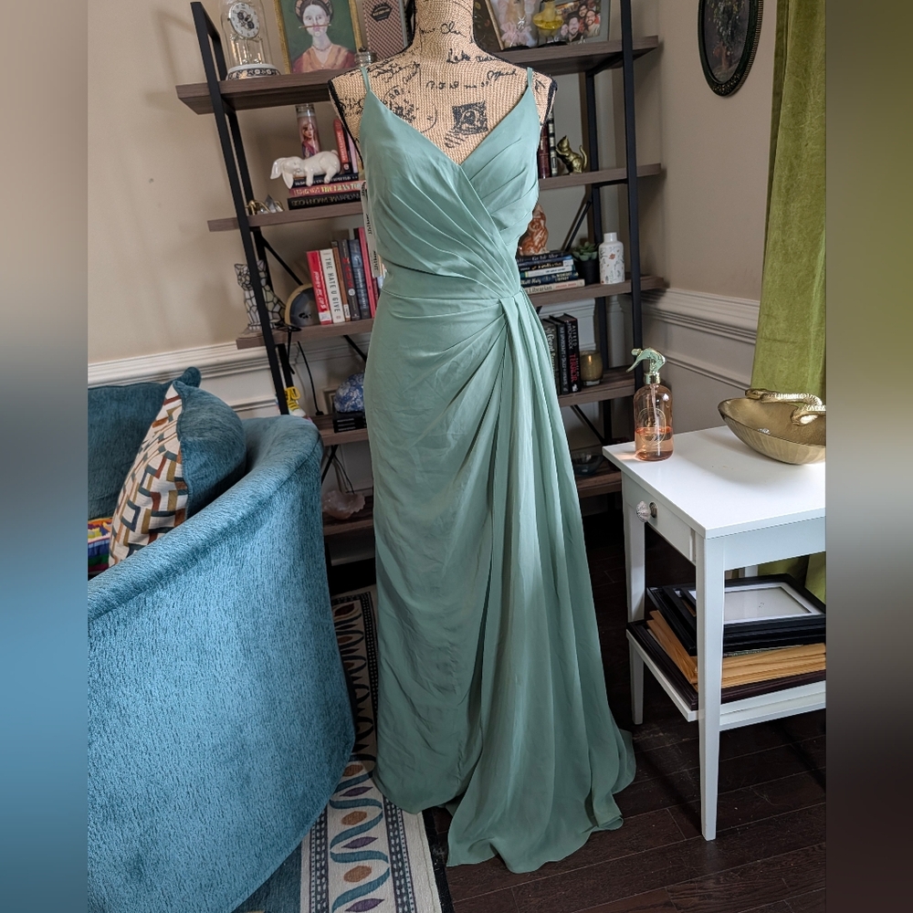 JJs House Sage Green Spaghetti-Strap Draped Maxi Dress